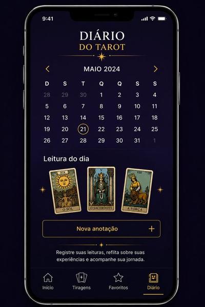 Tela do Diário do Tarot do aplicativo Escola do Tarot