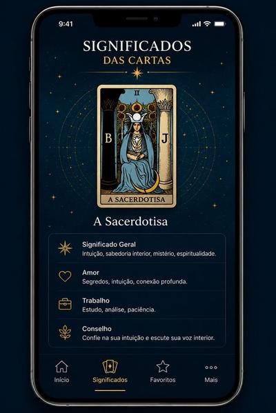 Tela de Significados das Cartas do aplicativo Escola do Tarot