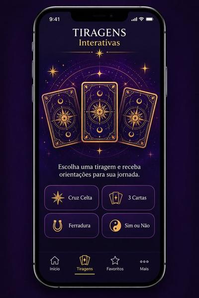 Tela de Tiragens Interativas do aplicativo Escola do Tarot