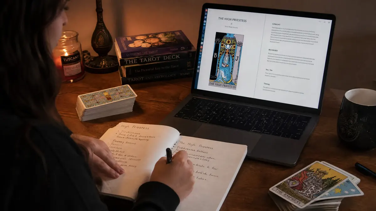 Pessoa estudando Tarot no notebook