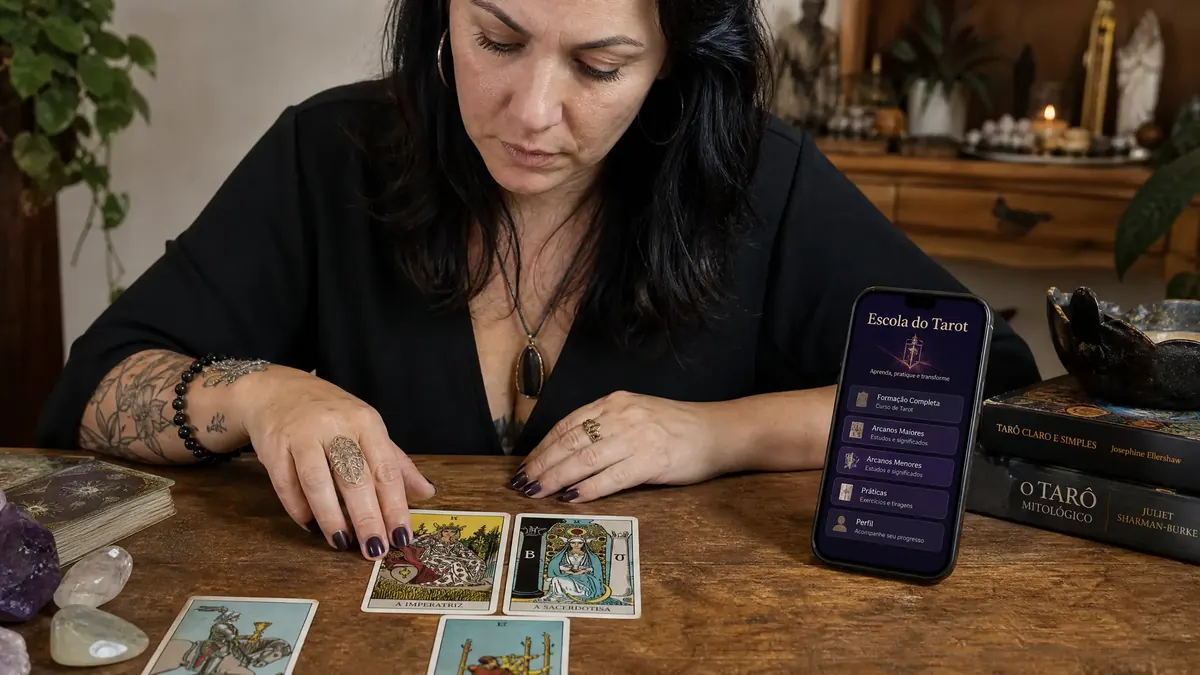 Pessoa consultando o aplicativo de Tarot