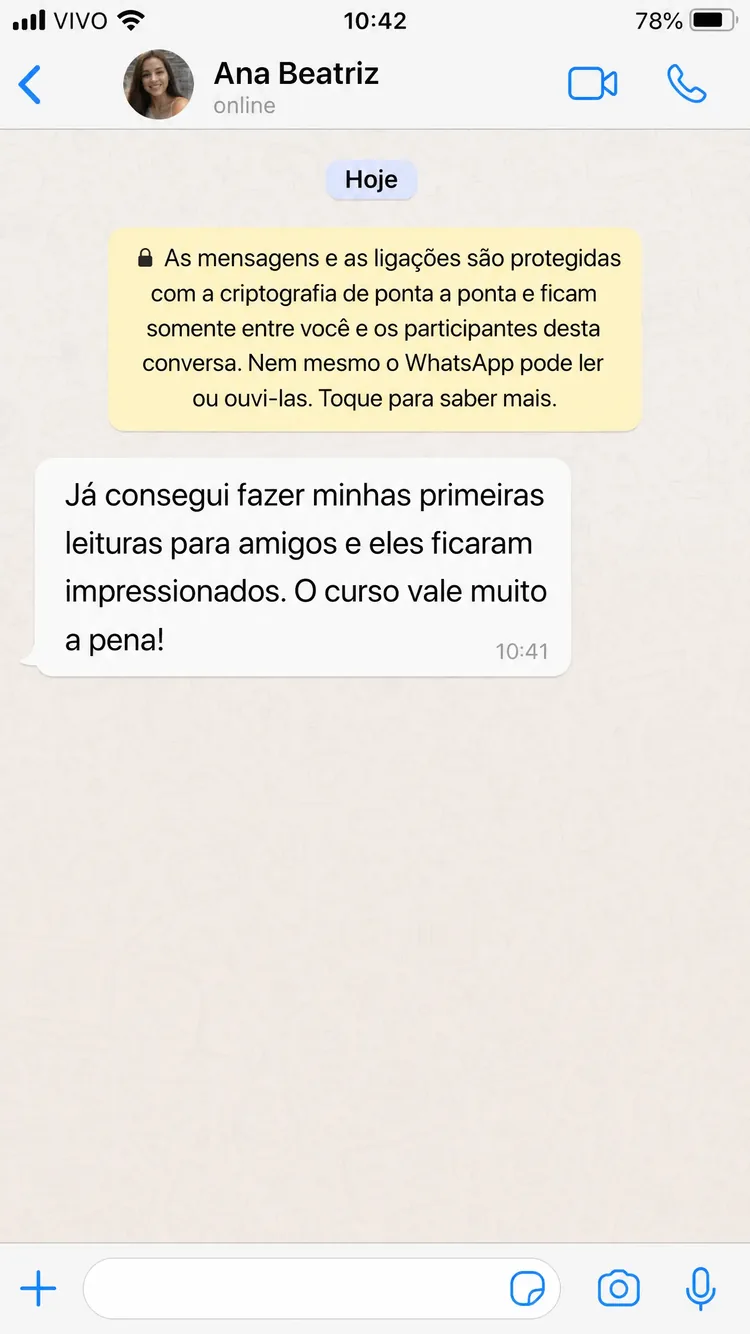 Print de depoimento real de aluna no WhatsApp