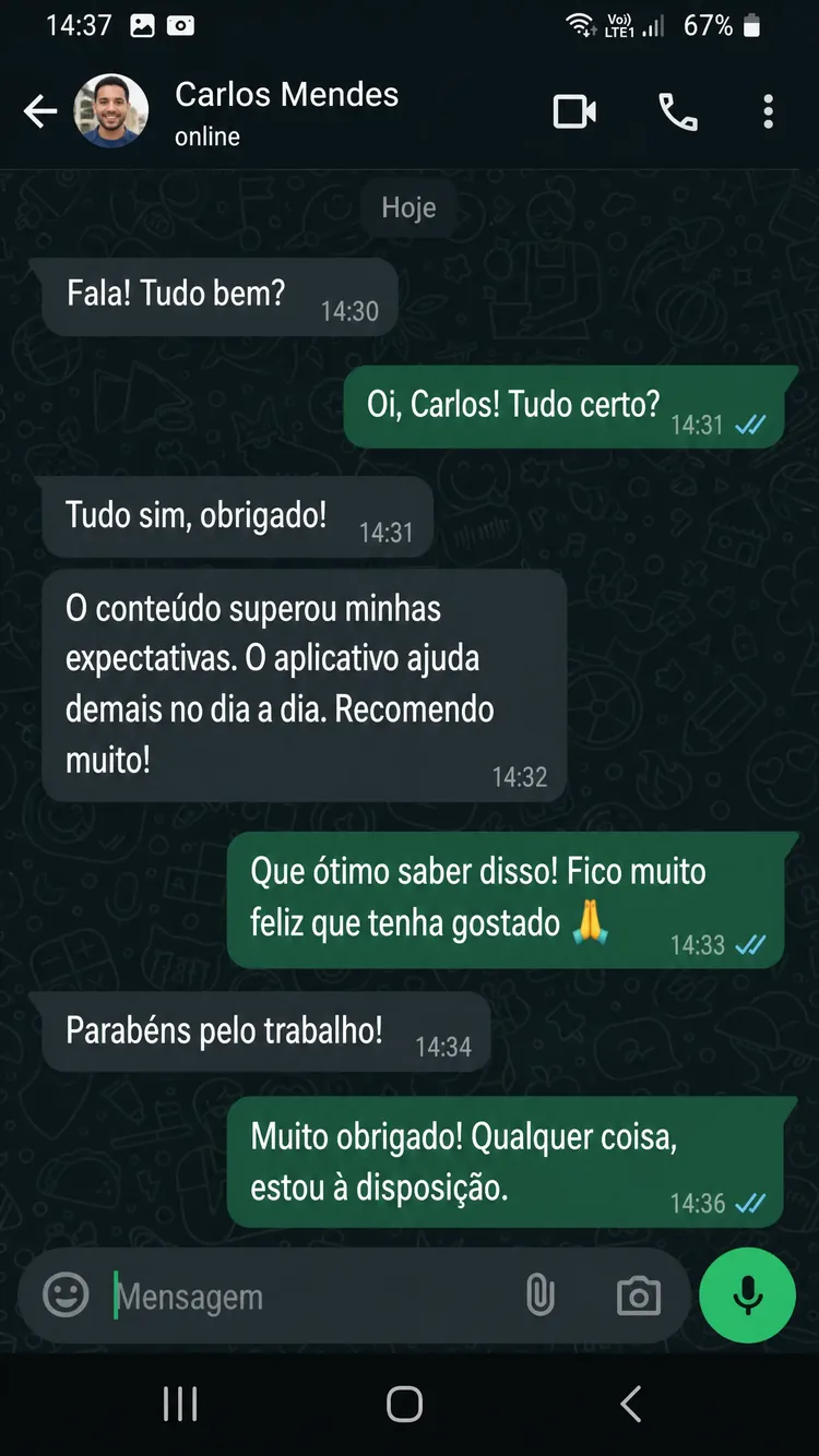 Print de depoimento real de aluno no WhatsApp