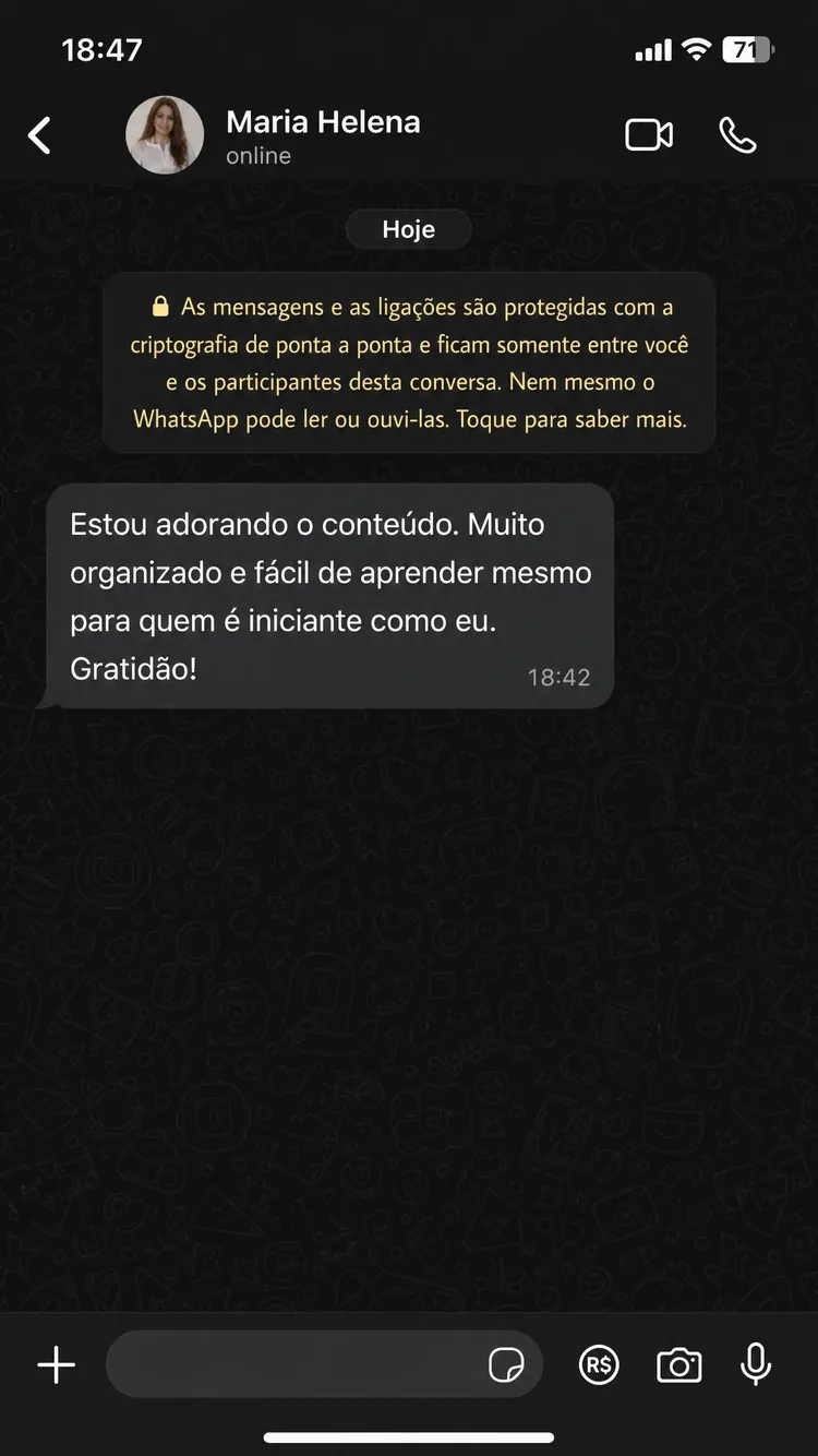 Print de depoimento real de aluna no WhatsApp